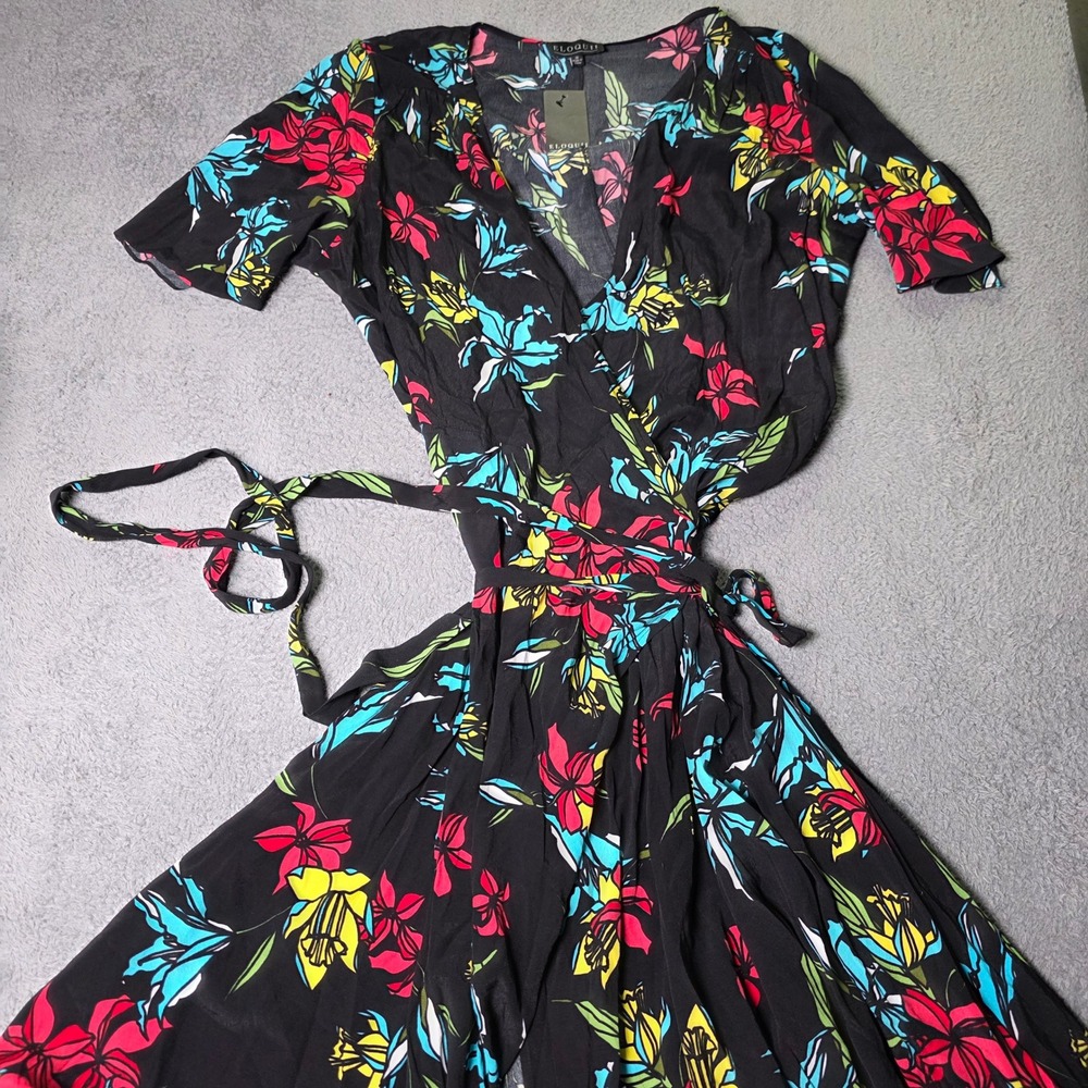 Eloquii Womens 20 Wrap Dress Black Tropical Floral Short Sleeve V-Neck Tie Waist